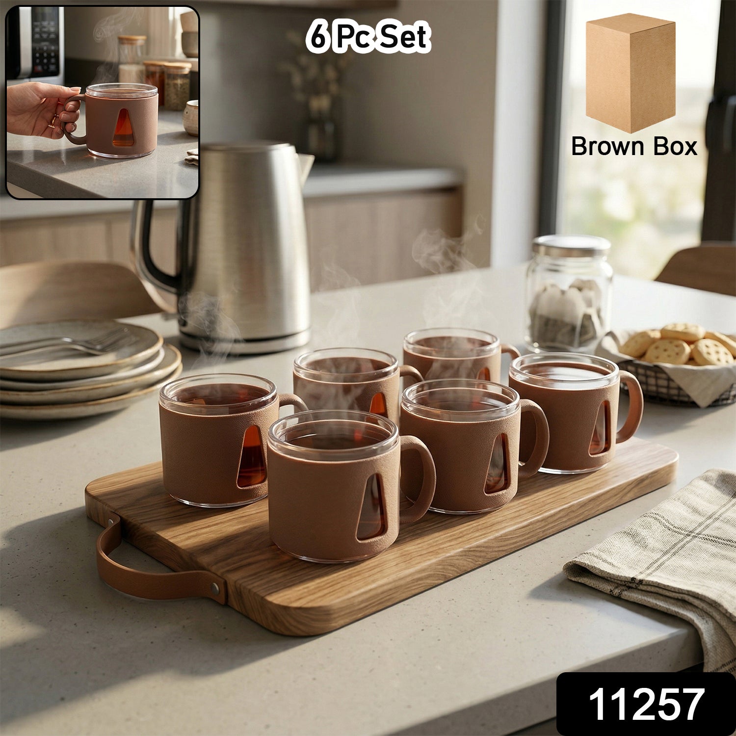 Six elegant round tea cups in a premium set by Wukusy, showcasing smooth ceramic design and classic style.