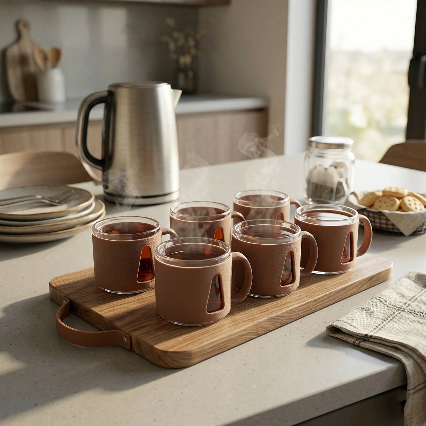 Six white ceramic round tea cups in a premium Wukusy 6-piece set, perfect for traditional tea service.