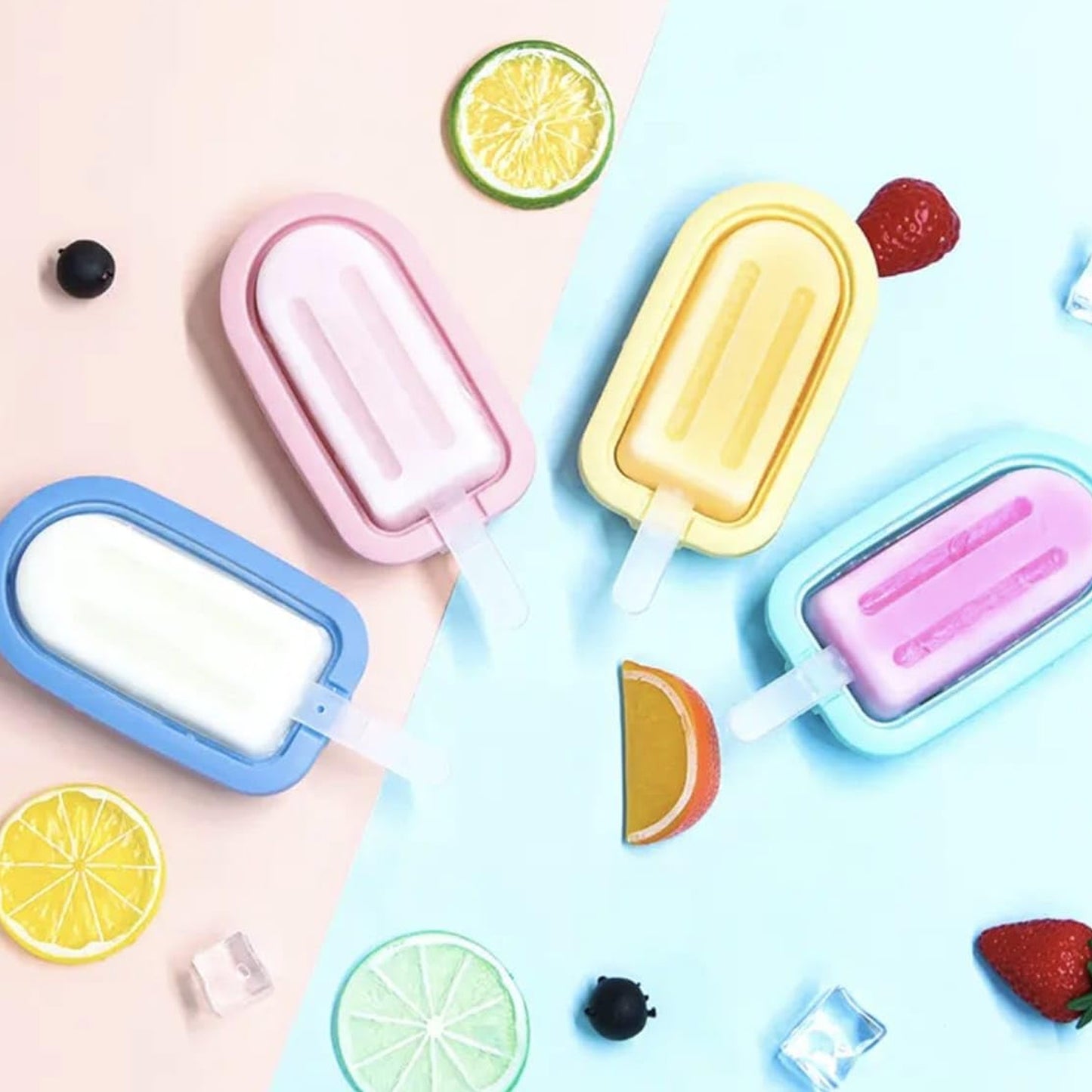 Wukusy premium silicone ice cream popsicle mold set with four colorful molds for making homemade frozen treats.
