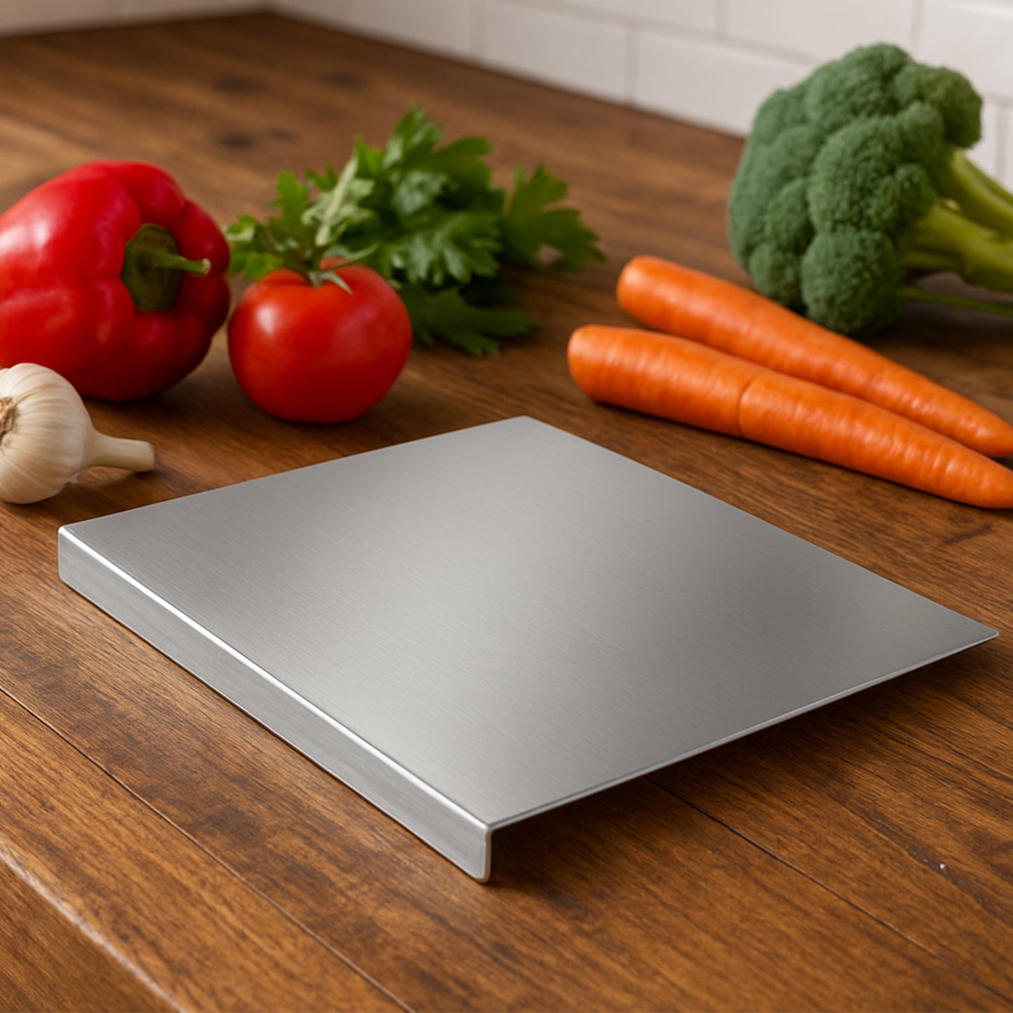 Wukusy premium stainless steel antibacterial chopping board for kitchen, showing a sleek, durable surface ideal for food prep.