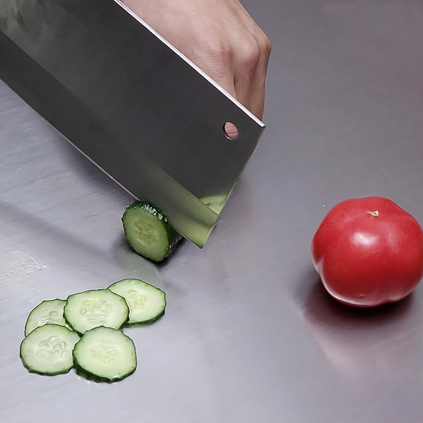 Wukusy premium stainless steel anti-bacterial chopping board for kitchen, showing a sleek, durable food prep surface.