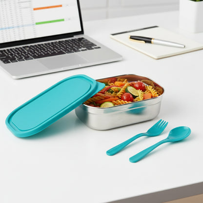 Stainless steel lunch box set by Wukusy with multiple compartments, sleek design, and secure latches for food storage.