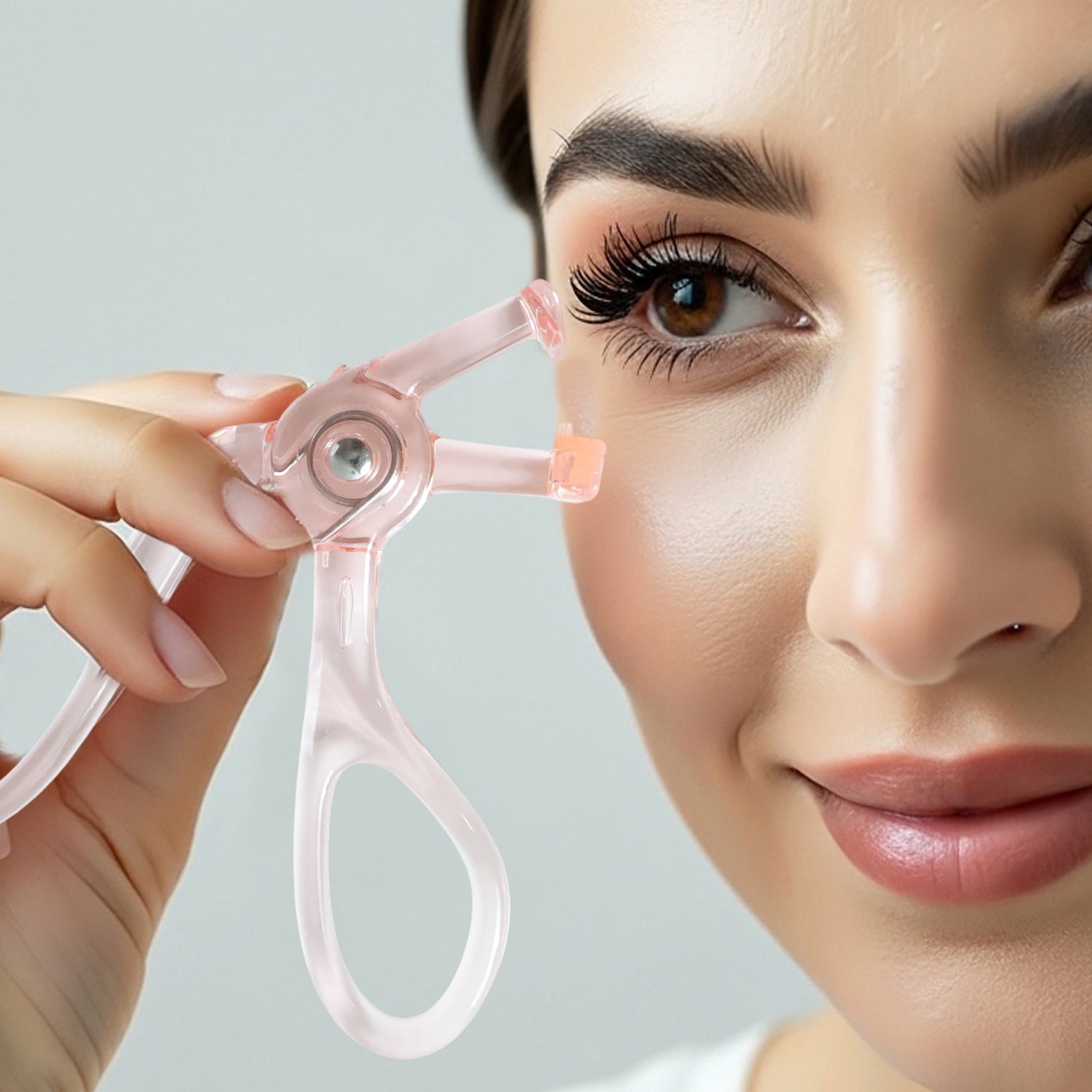 Wukusy premium transparent plastic eyelash curler with curved clamp for curling lashes, shown in close-up view.