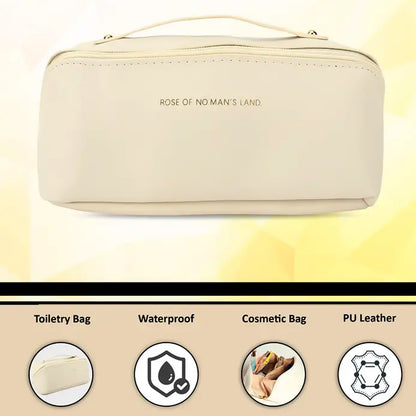 Wukusy premium travel makeup and toiletry organizer pouch with zipper and handle, compact and portable for travel storage.
