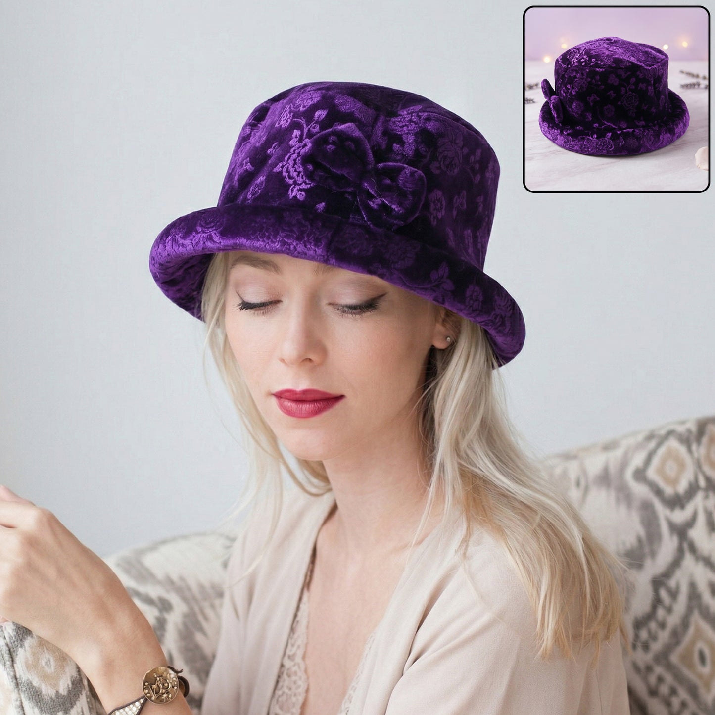 Wukusy premium velvet designer bucket hat for women, showcasing soft velvet fabric and stylish wide brim design.