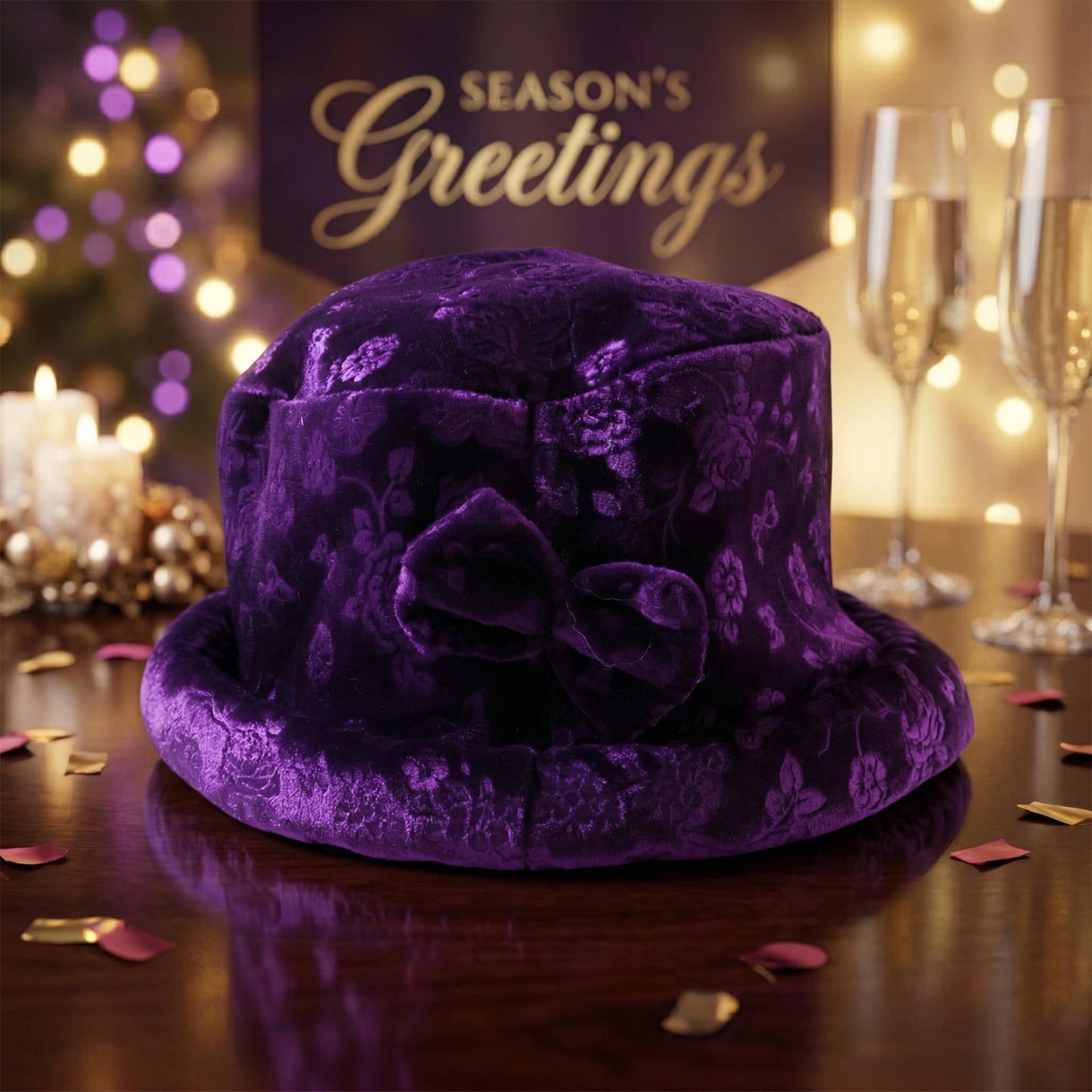 Wukusy premium velvet designer bucket hat for women, stylish and soft, shown on a model wearing the black velvet hat.