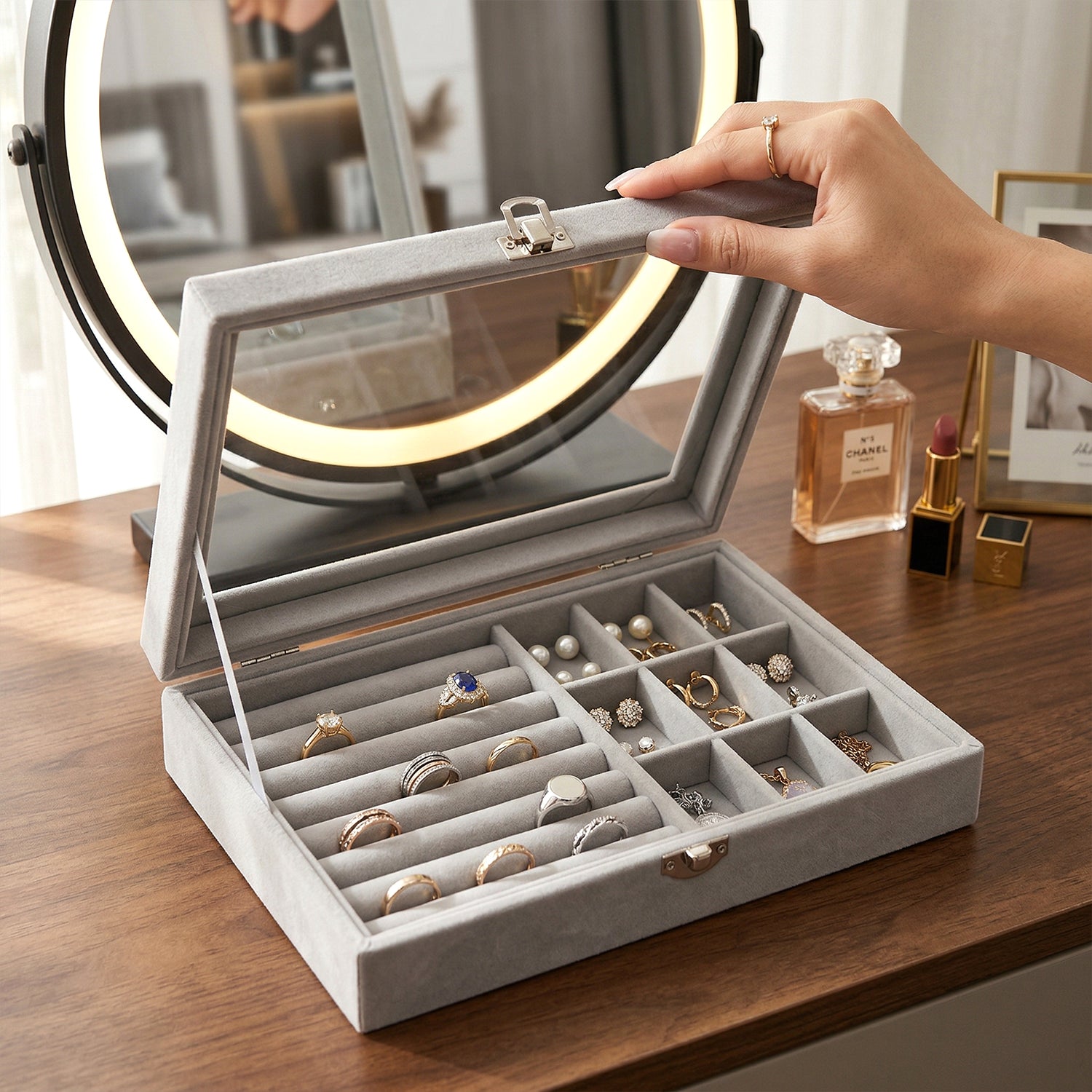 Wukusy premium velvet jewelry organizer box with transparent lid, featuring compartments for necklaces, rings, and earrings.