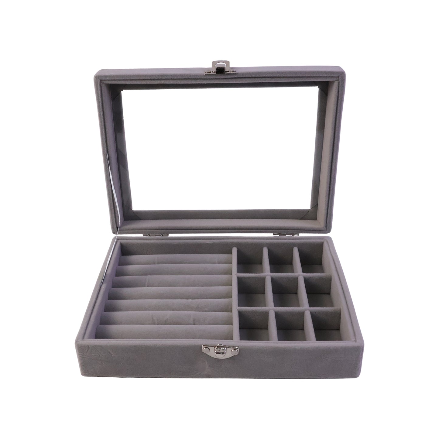 Wukusy premium velvet jewellery organizer box with transparent lid displaying compartments for rings, necklaces, and earrings.