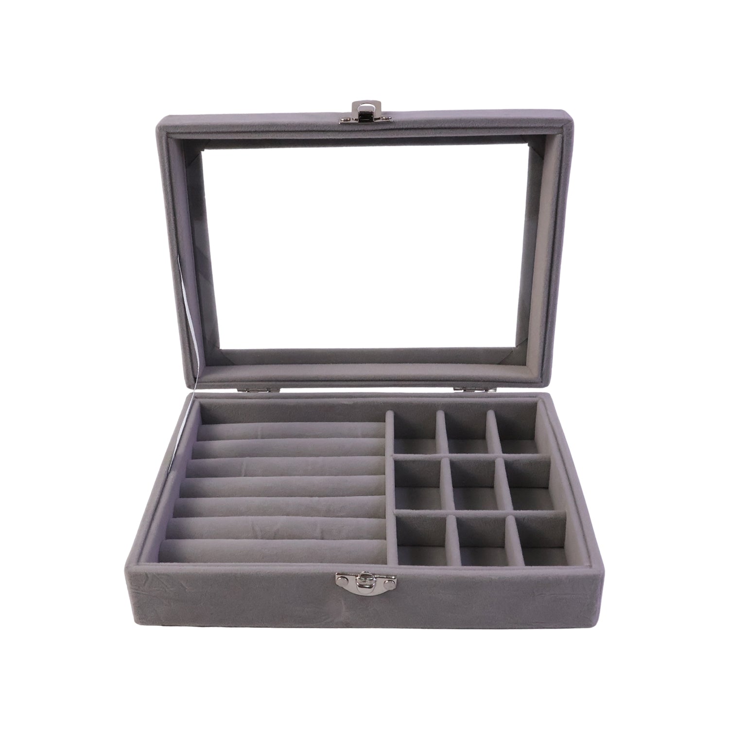 Wukusy premium velvet jewellery organizer box with transparent lid displaying compartments for rings, necklaces, and earrings.