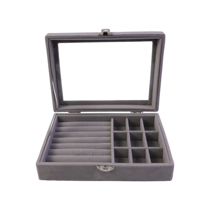 Wukusy premium velvet jewellery organizer box with transparent lid displaying compartments for rings, necklaces, and earrings.