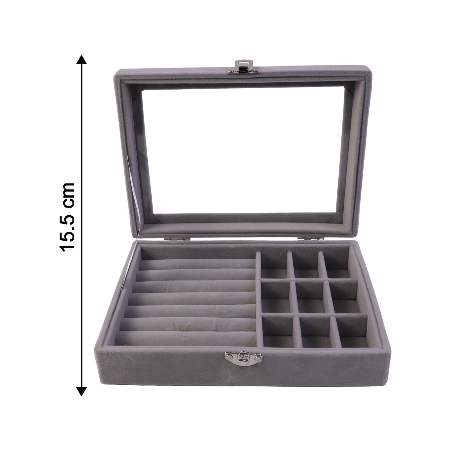Wukusy premium velvet jewellery organizer box with transparent lid, showing multiple compartments for necklaces, rings, and earrings.