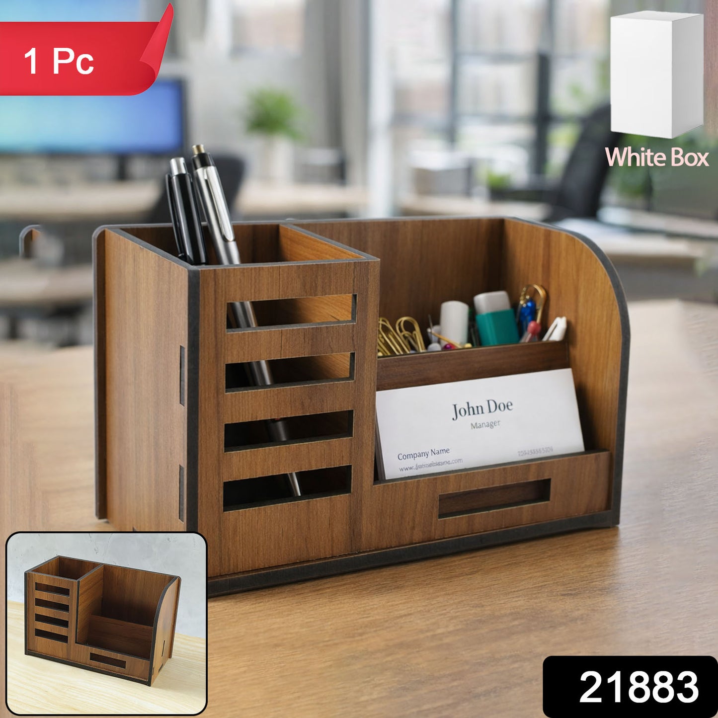 Wukusy premium wooden desk organizer with phone stand, pen holder, and card holder on a workspace surface.