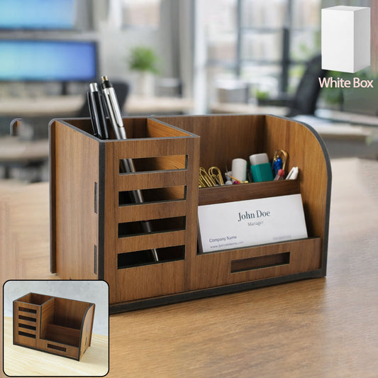 Wukusy premium wooden desk organizer with phone stand, pen holder, and card holder on a clean desk surface.