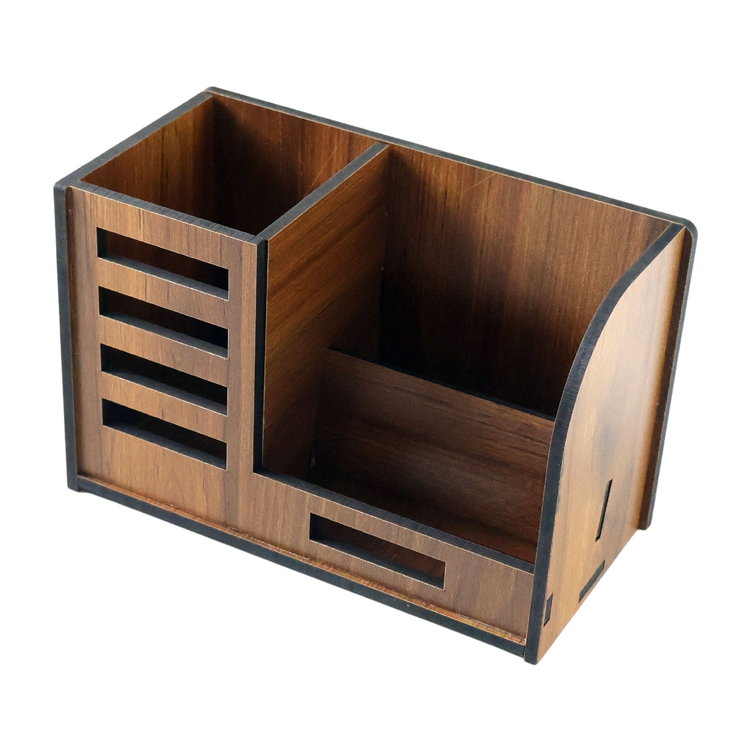Wukusy premium wooden desk organizer with phone stand, pen holder, and card holder on a clean workspace.