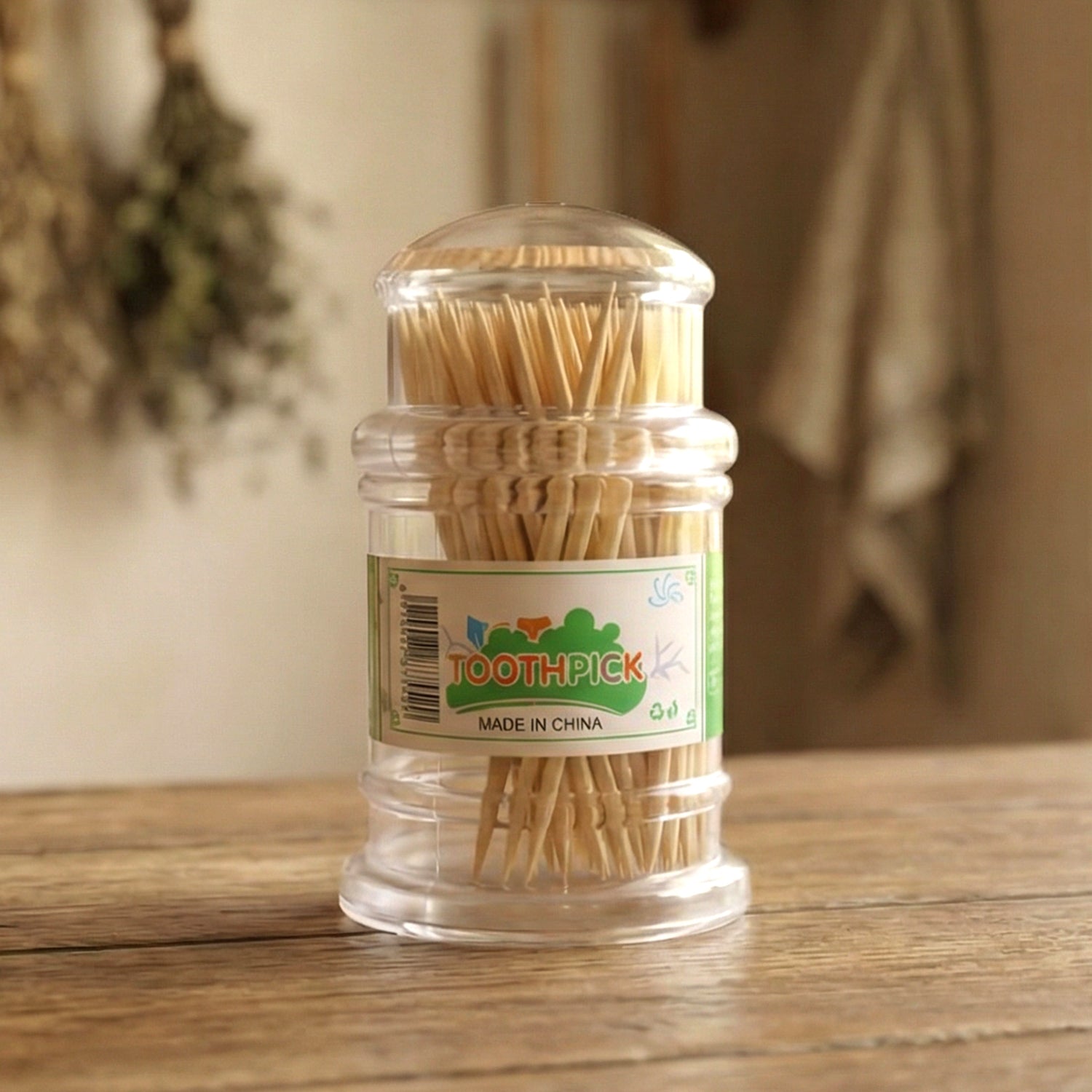 Wukusy Premium Wooden Toothpick Jar Pack with multiple jars containing wooden toothpicks in clear glass jars.