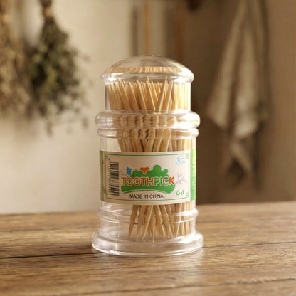 Wukusy Premium Wooden Toothpick Jar Pack with multiple jars containing wooden toothpicks in clear glass jars.
