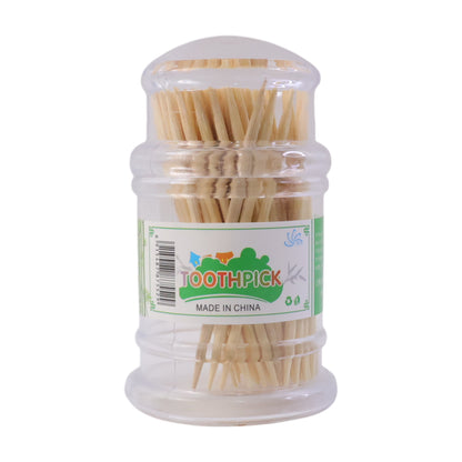 Wukusy premium wooden toothpick jar pack with a clear glass jar and wooden lid, containing toothpicks for kitchen use