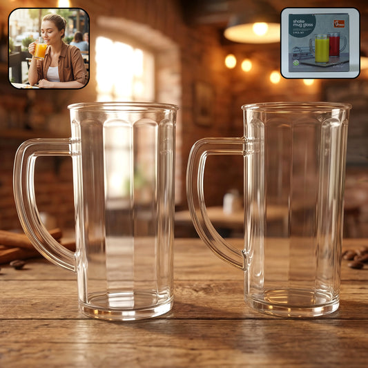 Wukusy Prexo plastic shake mug glass with handle, 2-piece set, 400ml capacity, clear design for beverages