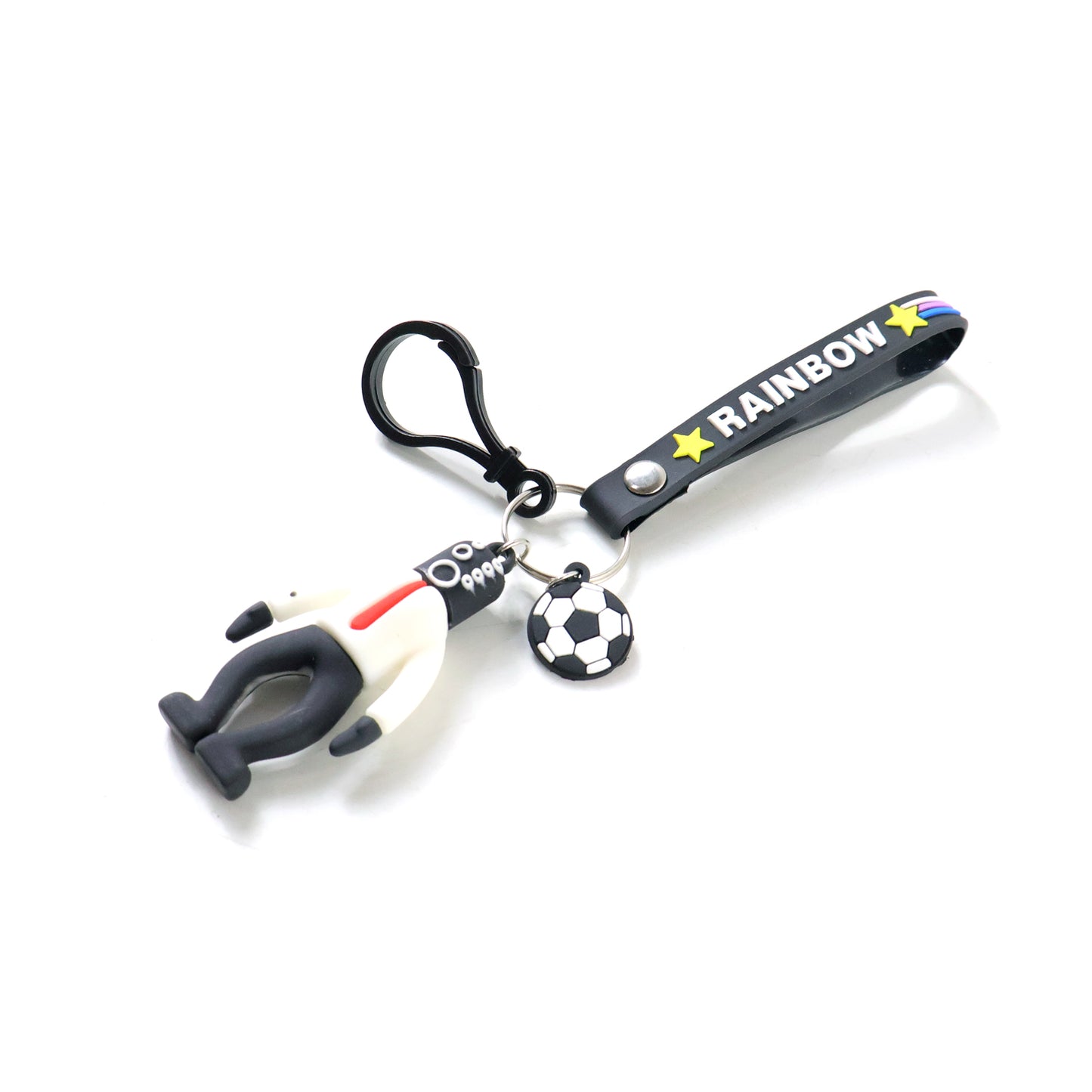 Colorful Rainbow Strap Cartoon Football Boy Keychain by Wukusy featuring a playful football-themed character on a bright strap.