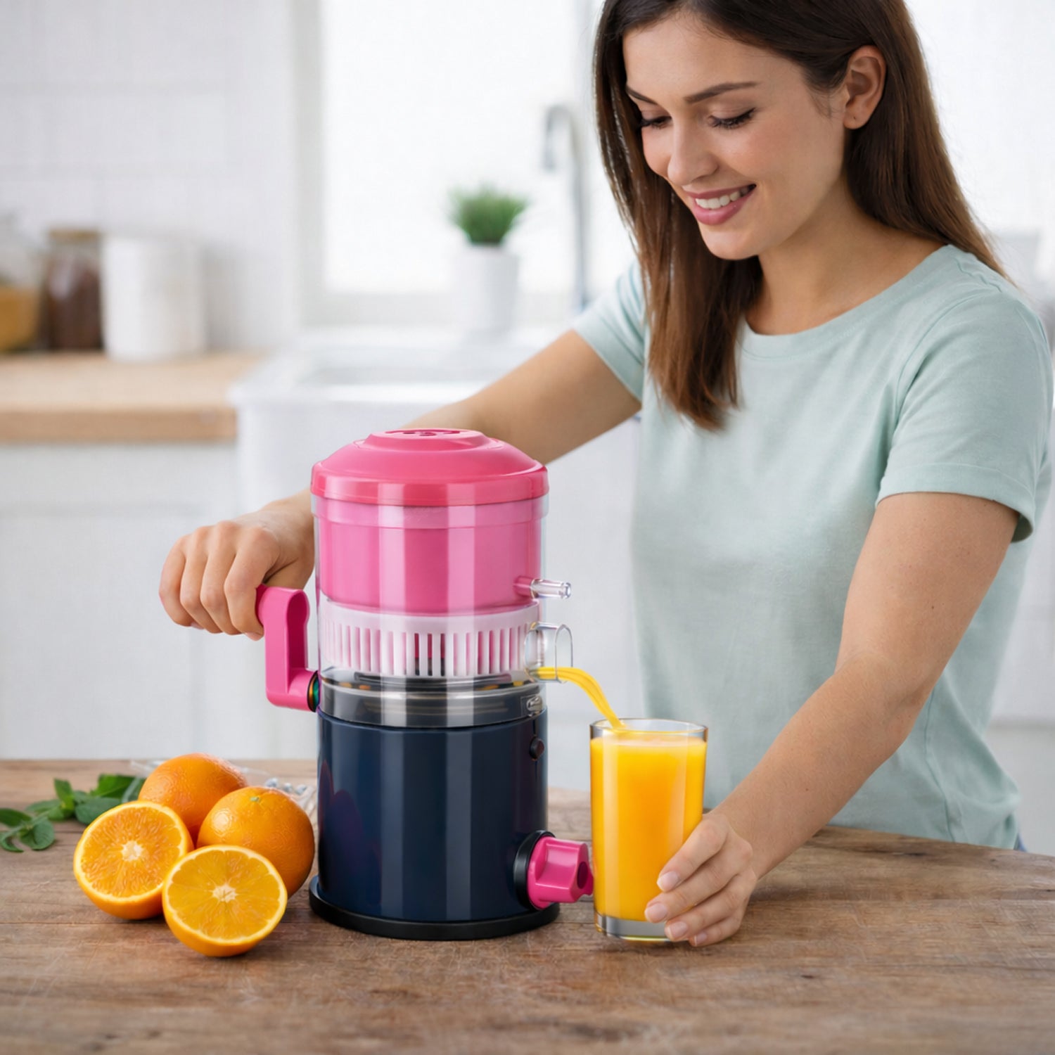 Wukusy rapid manual hand press juicer set showing a compact, black juicing device with a handle for easy fruit extraction.