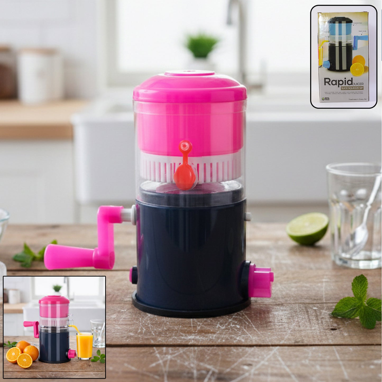 Wukusy Rapid Manual Hand Press Juicer set with stainless steel and plastic components for fresh fruit juice extraction.