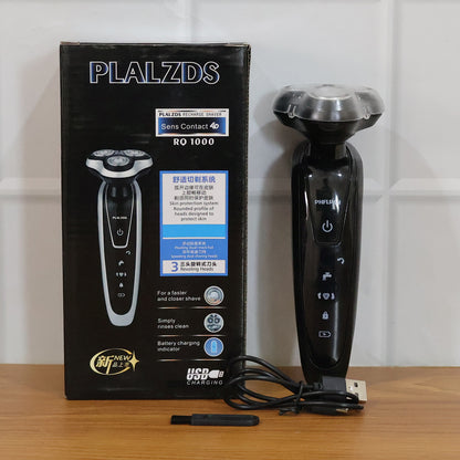 Wukusy rechargeable electric rotary shaver and trimmer for men, compact set with ergonomic design and multiple rotary blades.