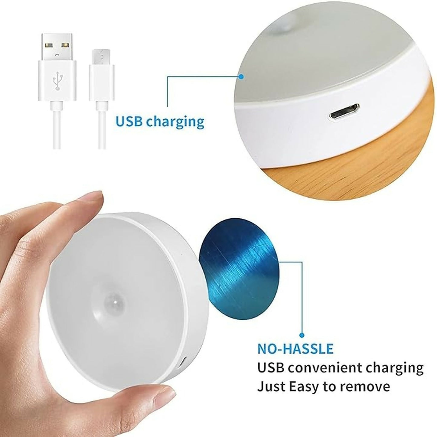 Wukusy rechargeable motion sensor LED night light with USB charging, illuminating a dark room with soft, energy-efficient light.