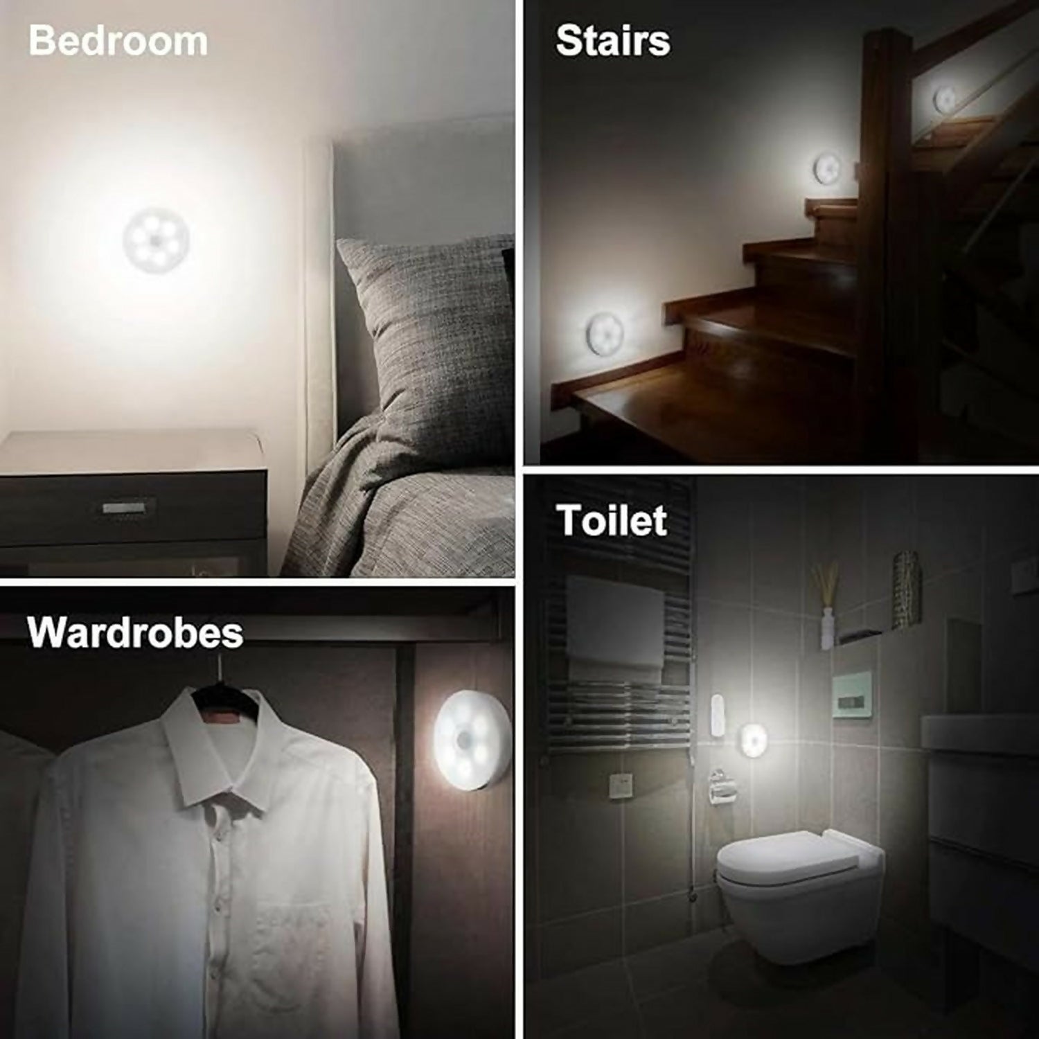 Wukusy rechargeable motion sensor LED night light with USB charging, compact device illuminated in a dark room.