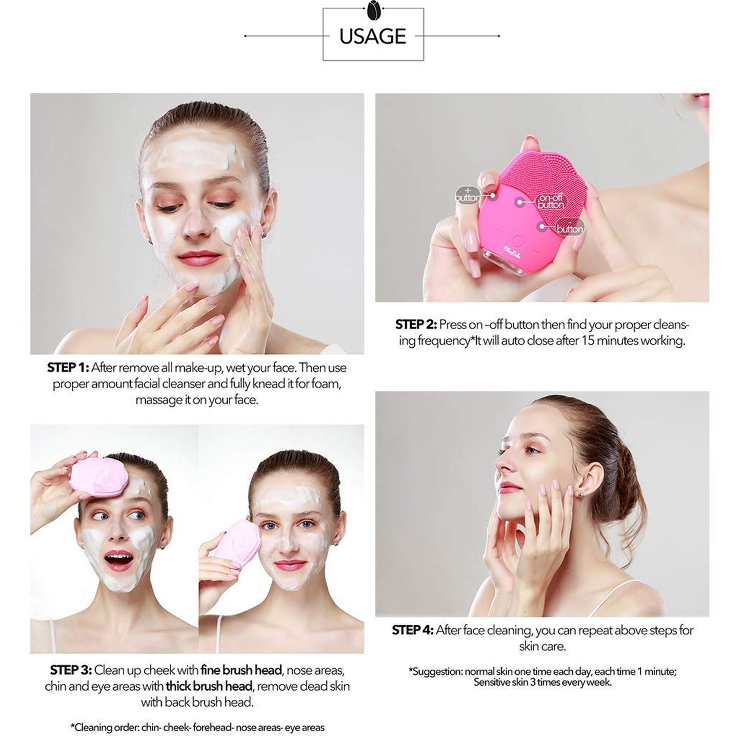 Wukusy rechargeable sonic silicone face cleansing brush with soft bristles and ergonomic handle for gentle skincare.
