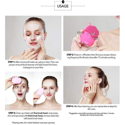 Wukusy rechargeable sonic silicone face cleansing brush with soft bristles and ergonomic handle for gentle skincare.