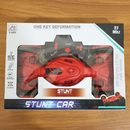 Wukusy remote control stunt car with one-key deformation, shown in action on smooth surface, colorful design, and compact size.