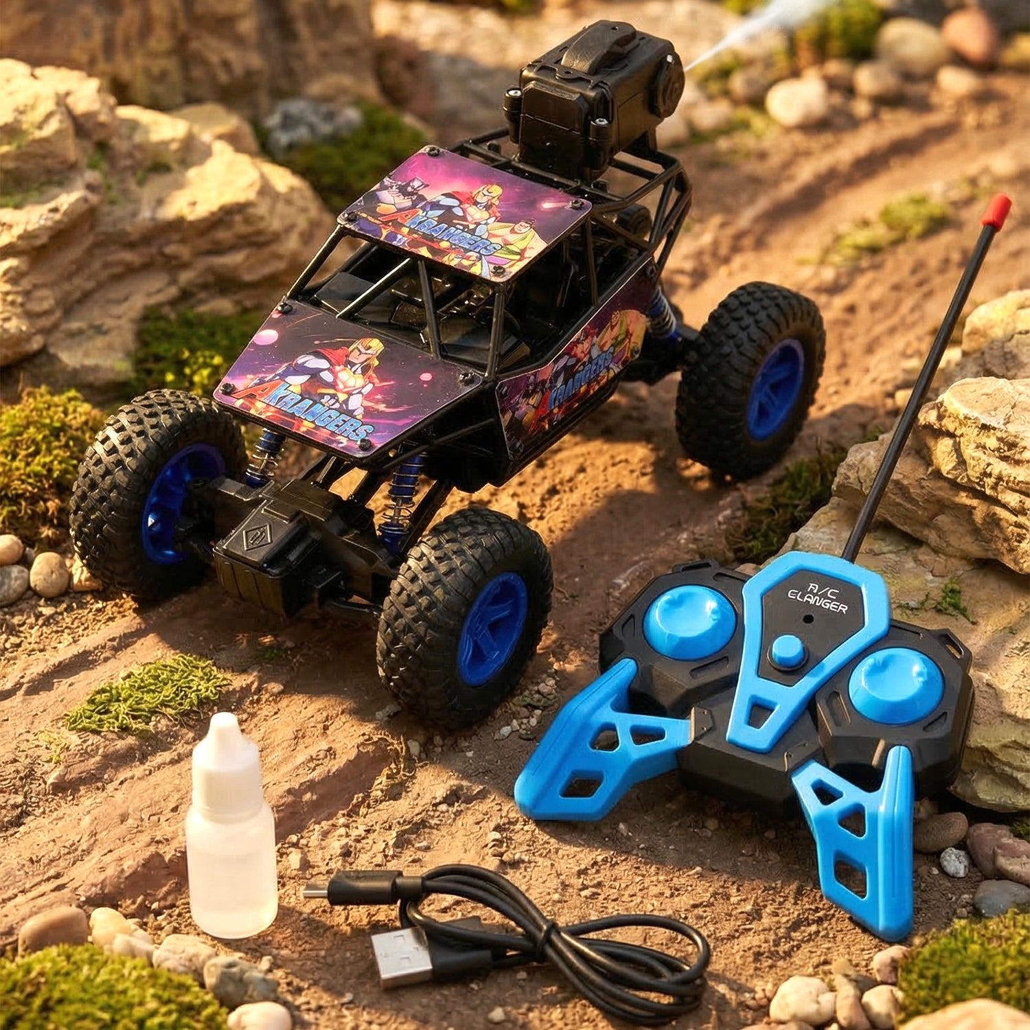 Wukusy remote control rock crawler off-road toy car on rugged terrain, showcasing its durable design and large tires.