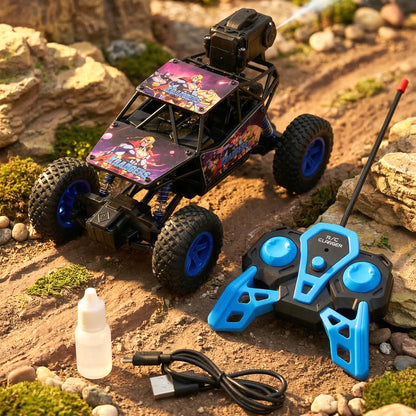 Wukusy remote control rock crawler off-road toy car on rugged terrain, showcasing its durable design and large tires.