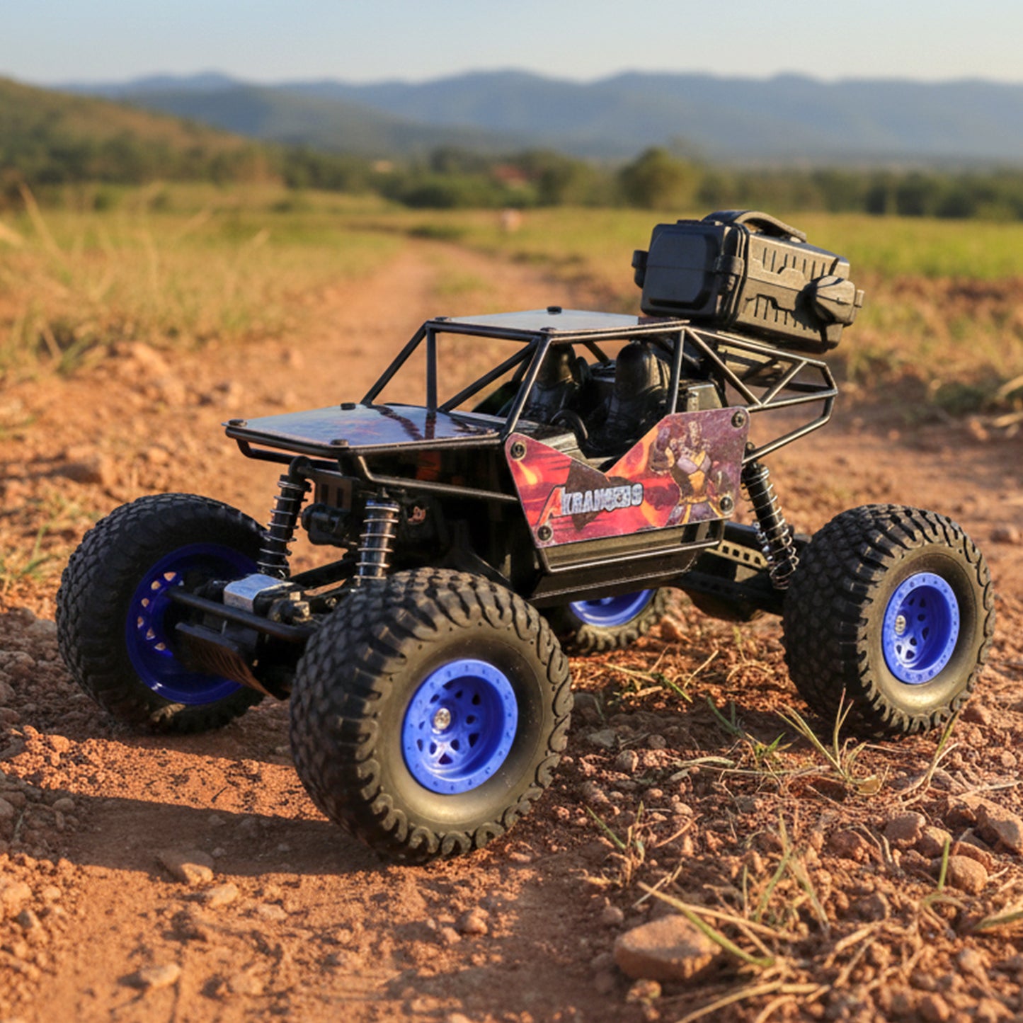 Remote control rock crawler off-road toy car by Wukusy, shown on rugged terrain with large tires and durable design.