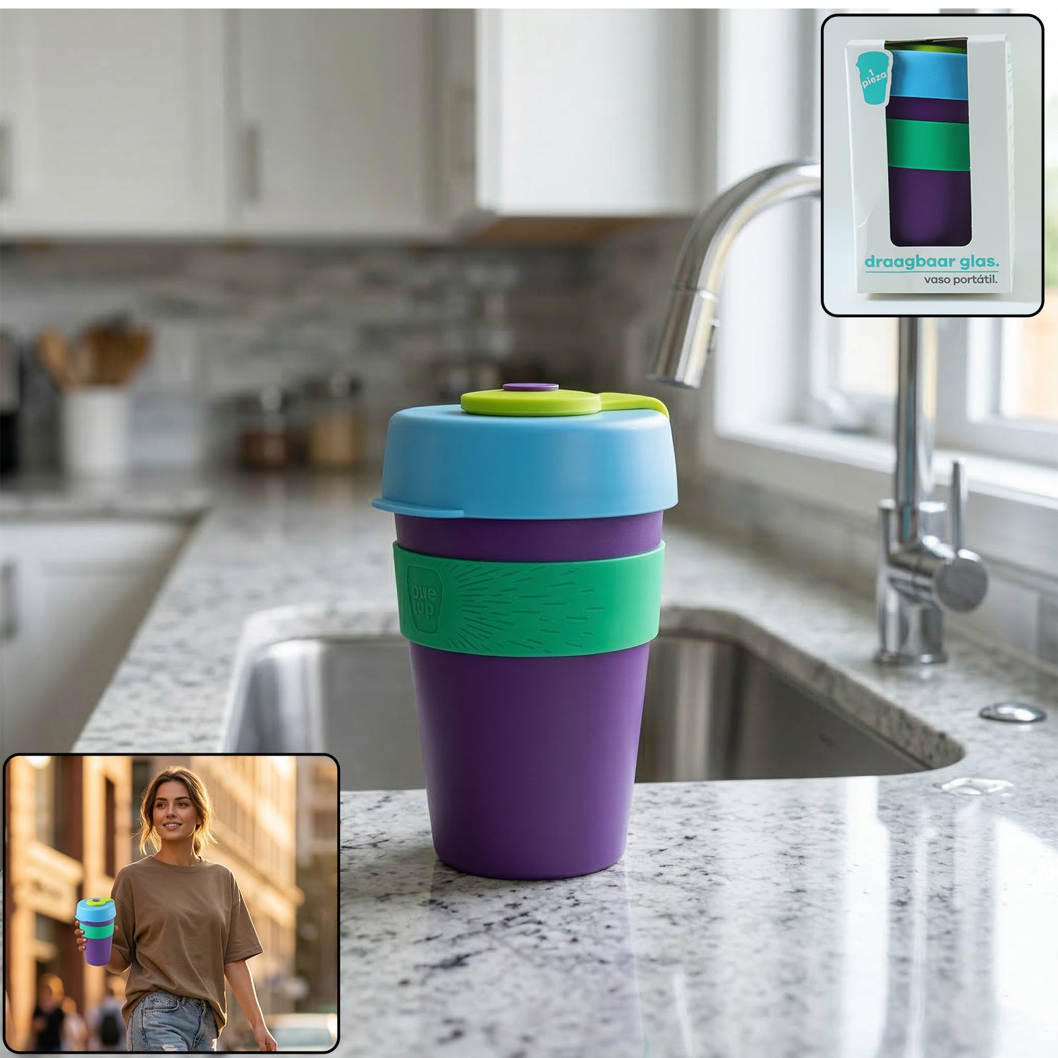 Colorful reusable travel mug by Wukusy with secure silicone lid, 400ml capacity, shown with lid and vibrant design