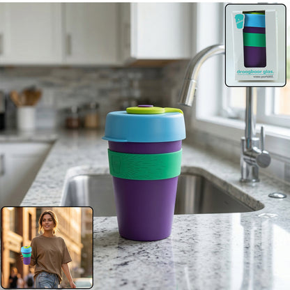 Colorful reusable travel mug by Wukusy with secure silicone lid, 400ml capacity, shown with lid and vibrant design