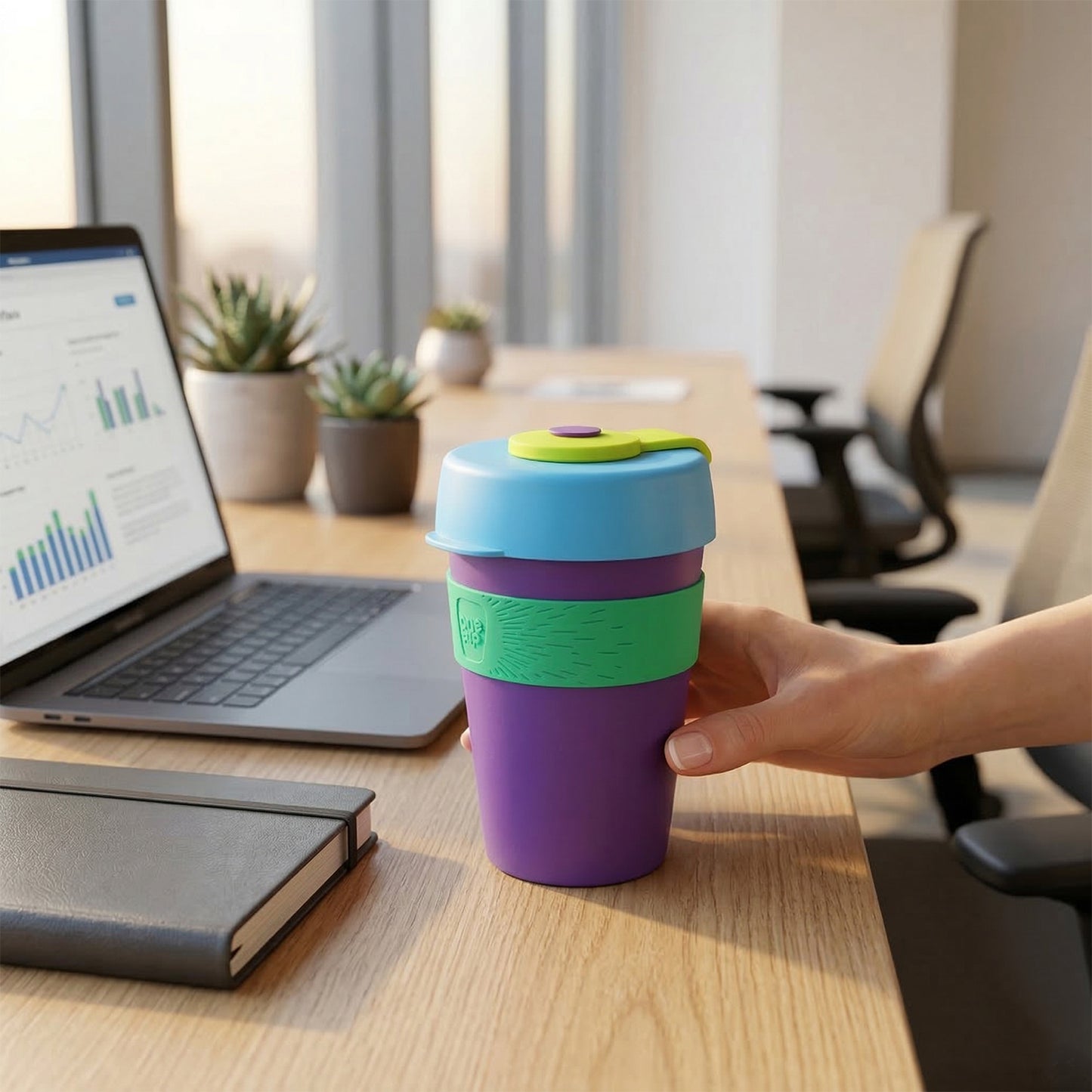 Colorful reusable travel mug by Wukusy with secure silicone lid, 400 ml capacity, shown with vibrant design and lid attached.