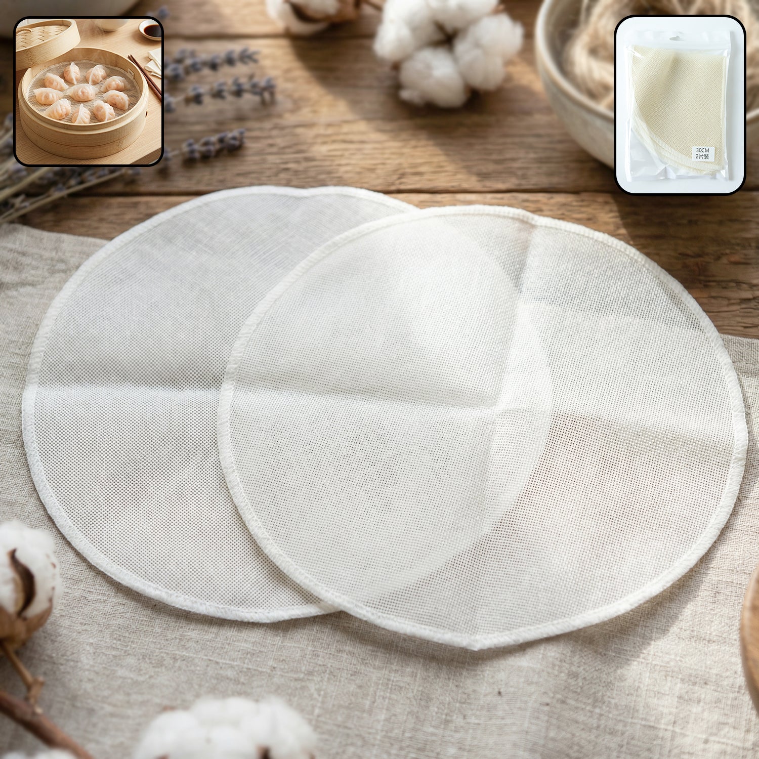 Wukusy reusable cotton steam cloth set with two 30cm cloths for cleaning and steaming surfaces or garments.