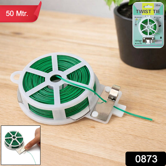 Wukusy reusable green twist tie roll, 50 meters long, flexible wire ties for bundling and organizing items.