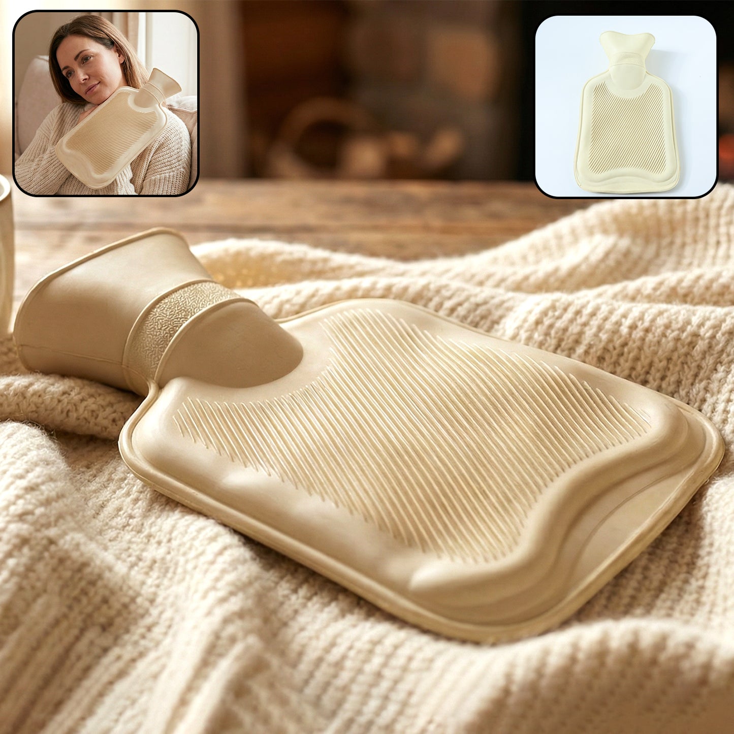 Reusable hot water bag for pain relief by Wukusy, warm compress therapy, showing a flexible rubber bag ready for use.