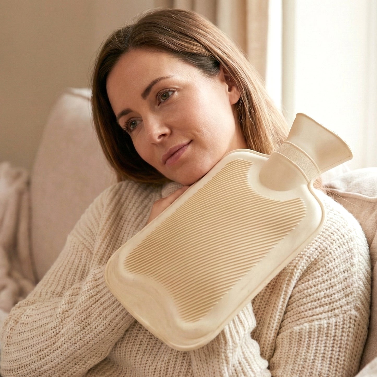 Wukusy reusable hot water bag for pain relief and warm compress therapy, shown with a soft fabric cover.