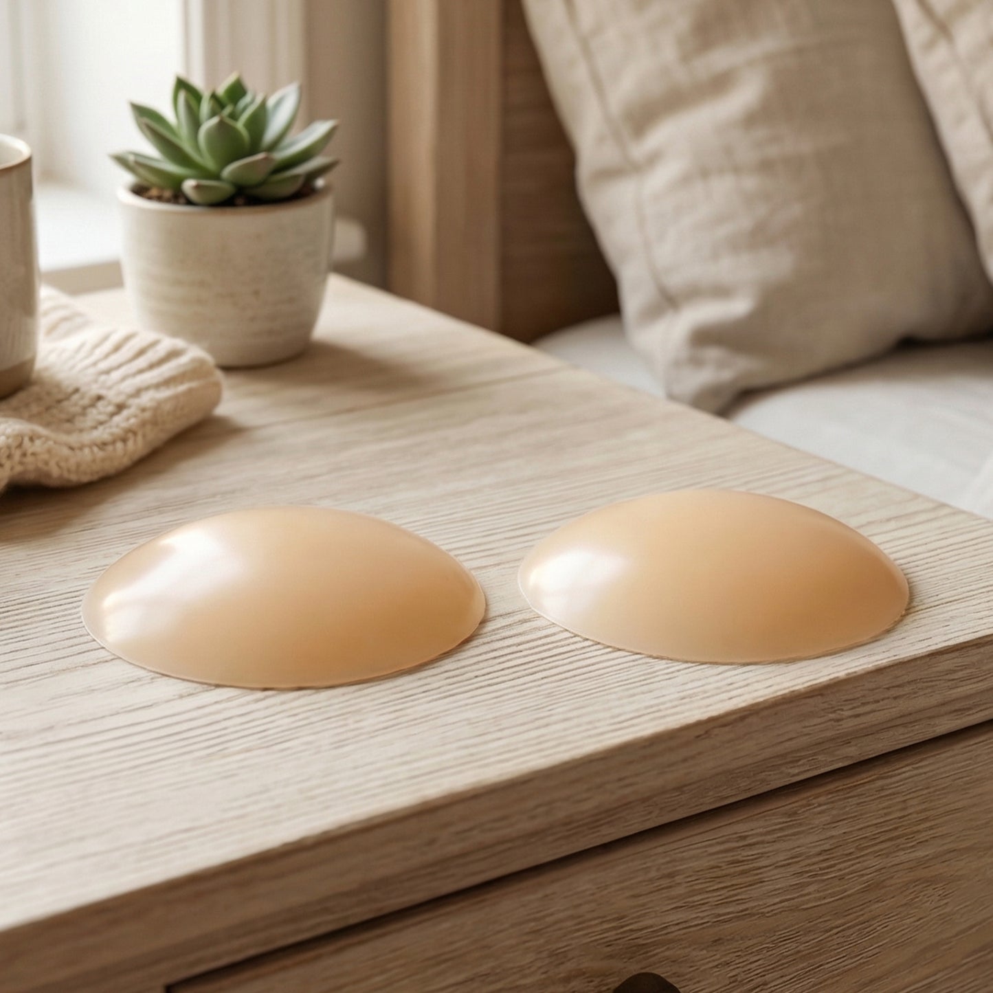 Reusable silicone nipple cover patches by Wukusy, 2-pack, showing soft, skin-toned silicone covers for discreet support and comfort.