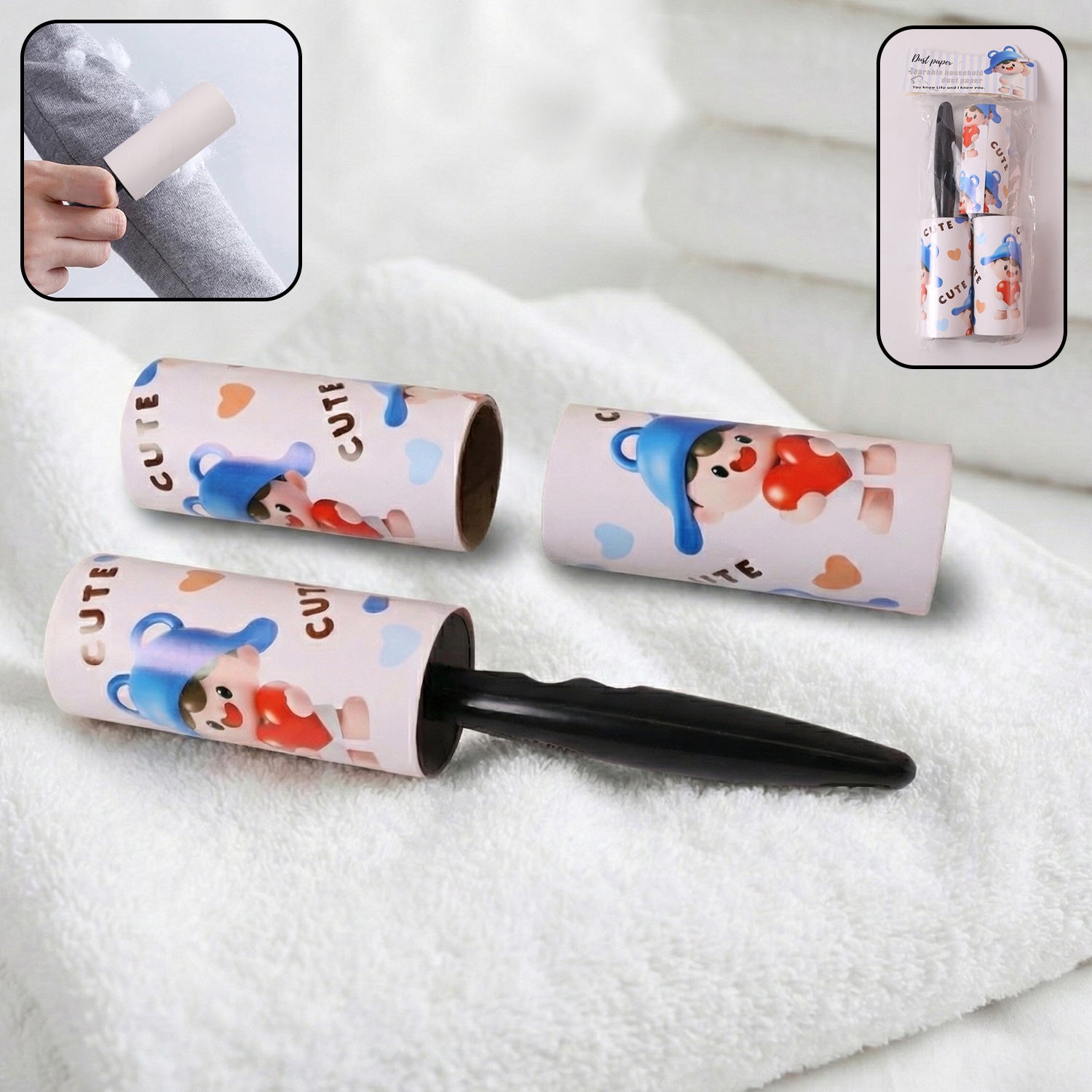 Wukusy reusable sticky lint roller with handle set, showing the lint roller with adhesive surface and ergonomic handle for pet hair and lint removal.