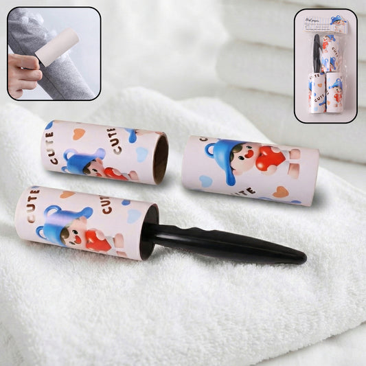 Wukusy reusable sticky lint roller with handle set, showing the lint roller with adhesive surface and ergonomic handle for pet hair and lint removal.