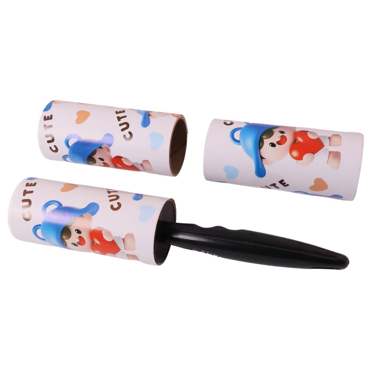 Wukusy reusable sticky lint roller with handle, shown with sticky surface for removing lint and pet hair from clothing.