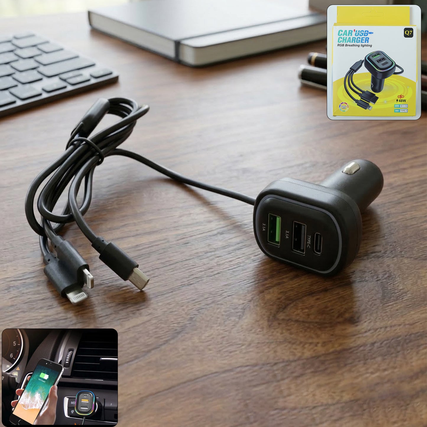 Wukusy RGB breathing light multi-port car USB charger with 62 cm cable, designed for charging multiple devices in vehicles.