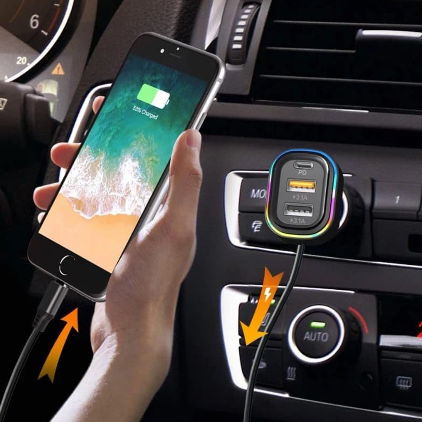 Wukusy RGB breathing light multi-port car USB charger with 1 set and 62 cm cable, featuring colorful LED illumination and multiple charging ports.