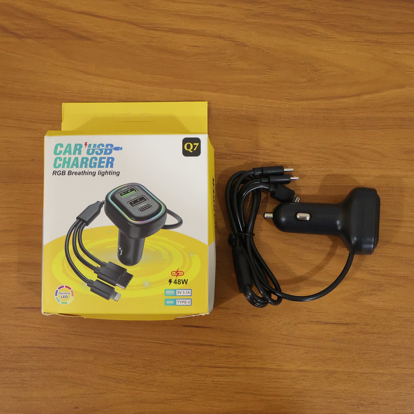 Wukusy RGB breathing light multi-port car USB charger with one set and 62 cm cable, featuring colorful LED lighting and multiple charging ports.