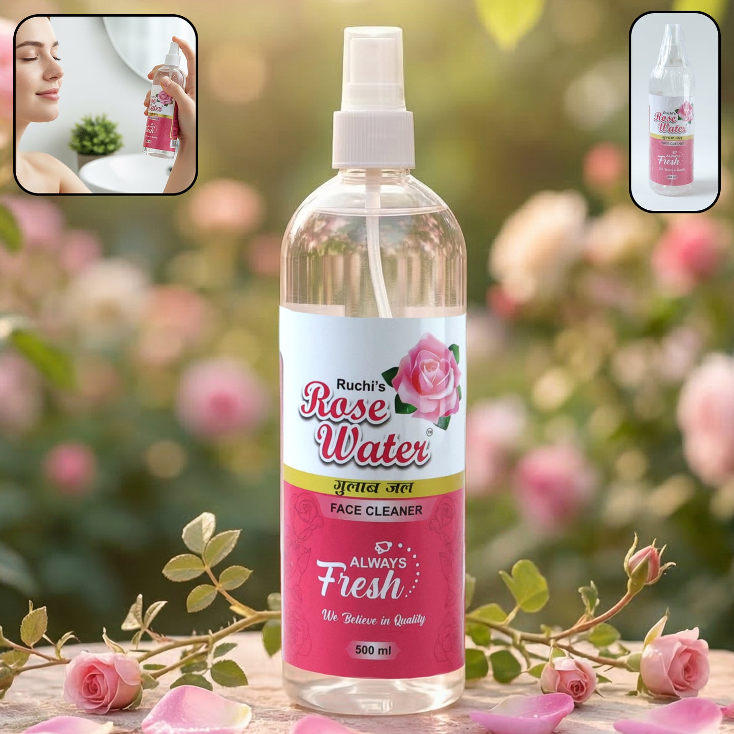Wukusy Rose Water Face Cleanser spray bottle, 500 ml, with clear label and white cap, designed for gentle facial cleansing.