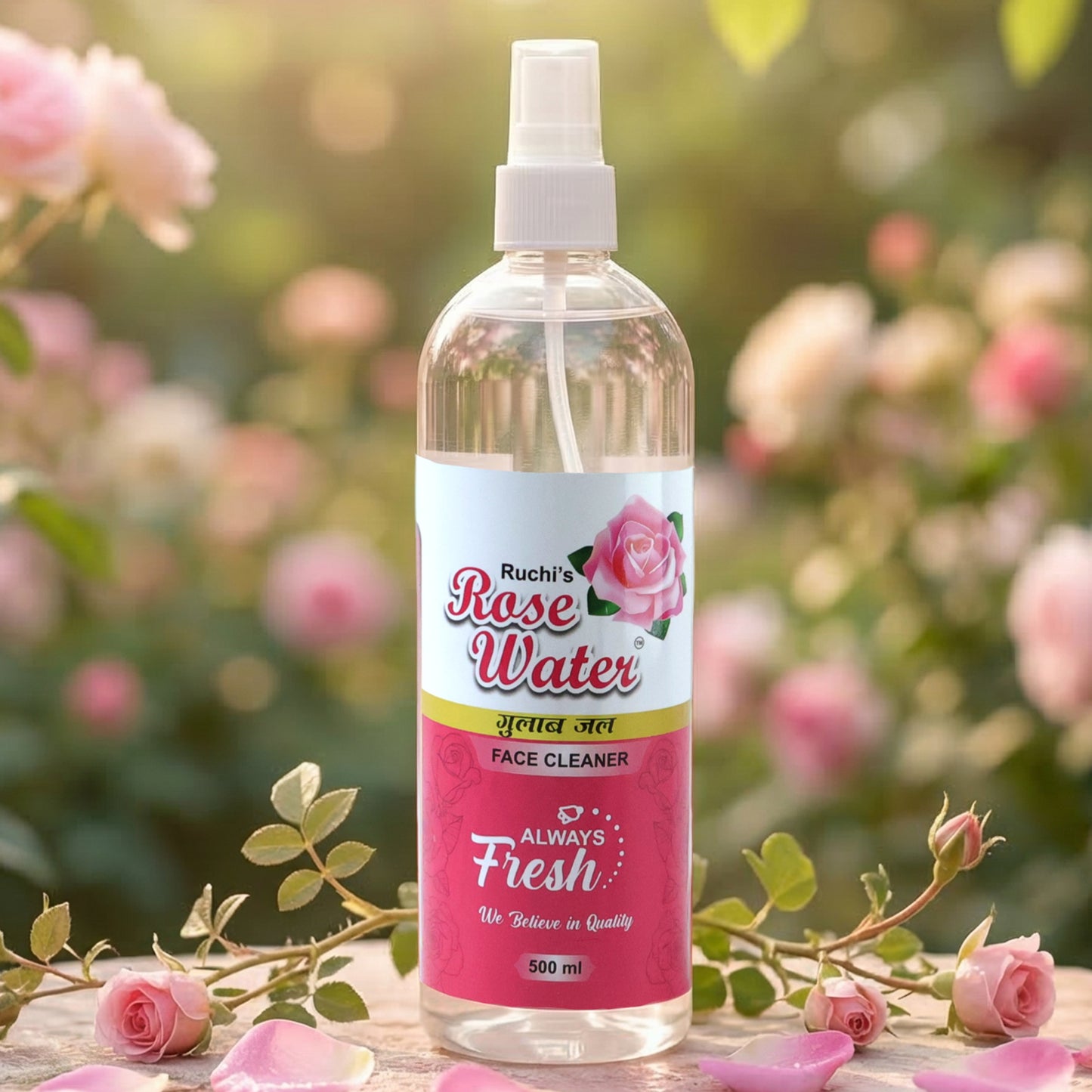 Wukusy rose water face cleanser spray bottle, 500ml, with a clear spray nozzle and elegant packaging for skincare.